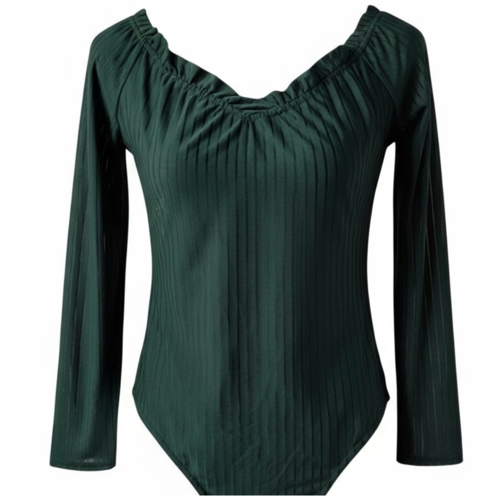 PrettyLittleThing Emerald Green Sheer Stripe Bardot Long Sleeve Thong Bodysuit